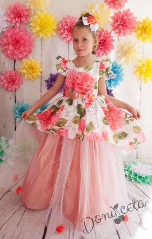 Официална детска дълга рокля Мишел на цветя в прасковено