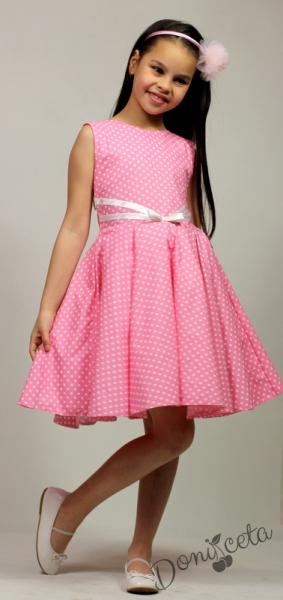 Официална или ежедневна памучна детска рокля Дени клош в розово на точки 3