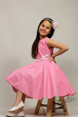 Официална или ежедневна памучна детска рокля Дени клош в розово на точки 4