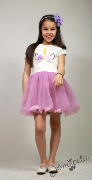 Детска рокля в бяло с Еднорог  и тюл в лилаво 3