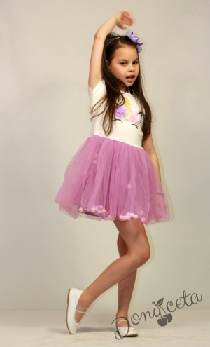 Детска рокля в бяло с Еднорог  и тюл в лилаво 11