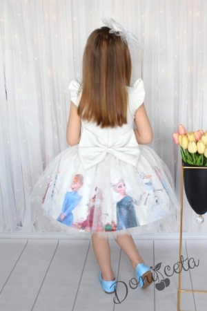 Детска официална рокля с къс ръкав с Анна и Елза от Замръзналото Кралство в екрю с панделка за коса