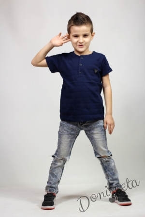 Детска тениска за момче с къс ръкав в тъмносиньо с копчета