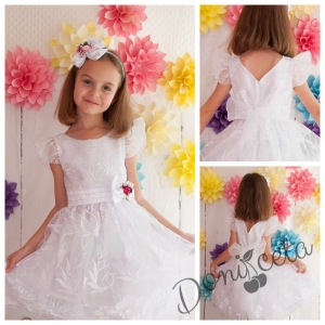 Официална детска рокля в бяло за шаферка или кръщене от органза Белинда
