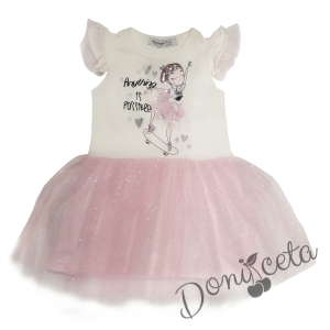 Лятна детска рокля в бяло с момиченце и тюл с блясък в розово