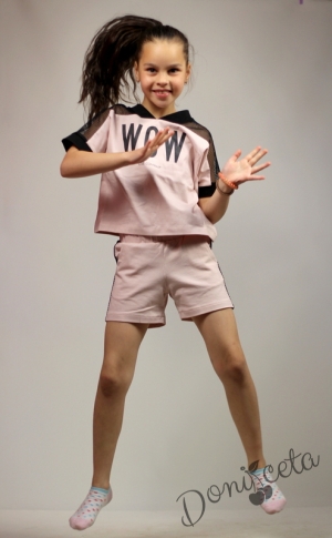 Летен комплект за момиче от тениска с мрежа и къси панталони в пепел от рози Contrast