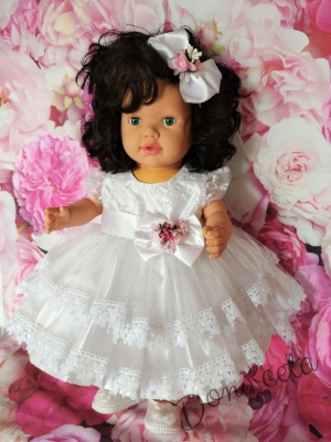 Официална детска бебешка рокля Михаела с  панделка в бяло 2