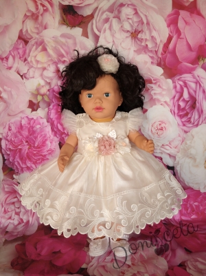 Официална бебешка/детска рокля с коланче отзад в цветя отпред  в екрю