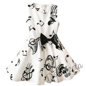 Официална детска рокля в бяло с ноти в черно тип клош Симона  1