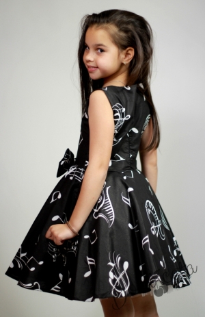 Официална детска рокля в черно с ноти тип клош Симона 2