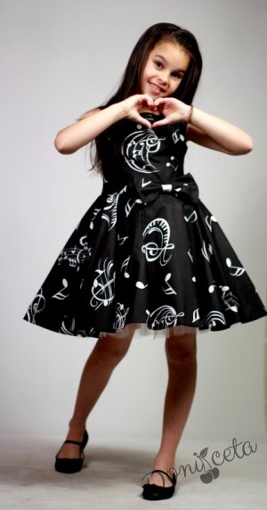 Официална детска рокля в черно с ноти тип клош Симона 10