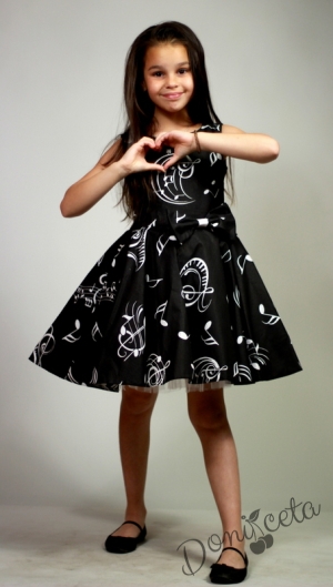 Официална детска рокля в черно с ноти тип клош Симона 15