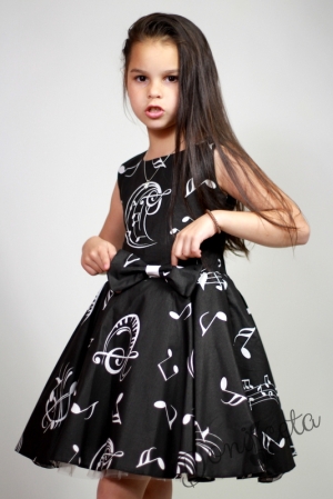 Официална детска рокля в черно с ноти тип клош Симона 16