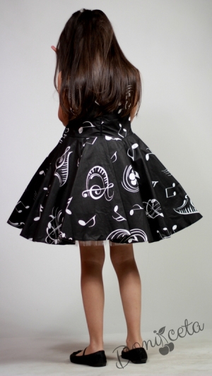 Официална детска рокля в черно с ноти тип клош Симона 21