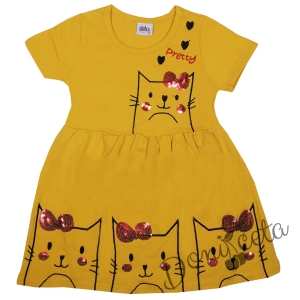 Детска лятна рокля с къс ръкав с коте в жълто