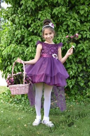 Официална детска рокля Дони  с голяма панделка с 3D цветя и с тюл в лилаво