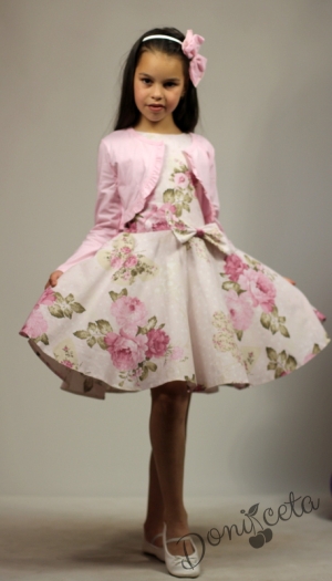 Официална или ежедневна детска рокля на цветя тип клош с болеро в розово Мери  8