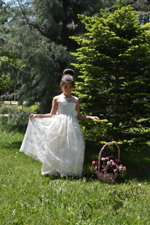 Официална детска дълга рокля Паола в екрю с голяма панделка 