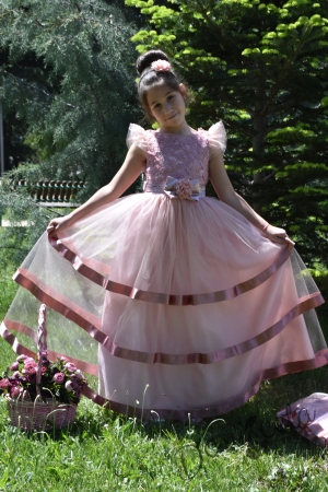 Официална детска дълга рокля Димана в пепел от рози с къс ръкав