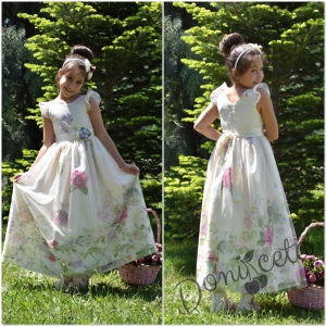 Официална детска дълга рокля Сави  на цветя в екрю