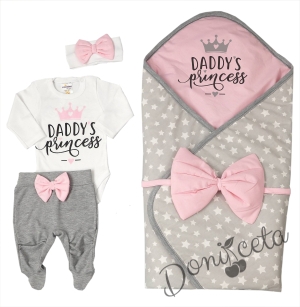 Бебешки комплект за изписване или за момиче от 5 части в сиво и розово