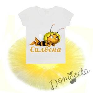 Персонализиран комплект от 2 части - тениска с къс ръкав с пчеличка и туту пола в жълто