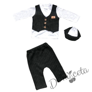Бебешки комплект от блузка в сиво и черно, панталонки и шапка