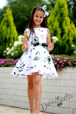 Официална детска рокля в бяло с ноти в черно тип клош Симона  2