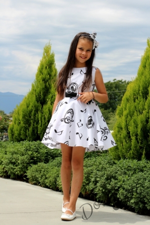 Официална детска рокля в бяло с ноти в черно тип клош Симона  7