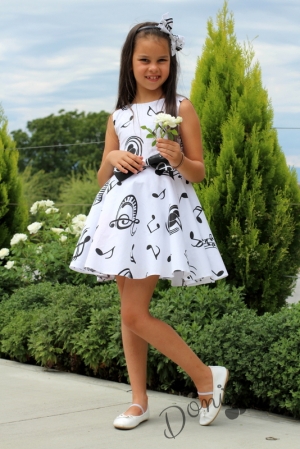 Официална детска рокля в бяло с ноти в черно тип клош Симона  10
