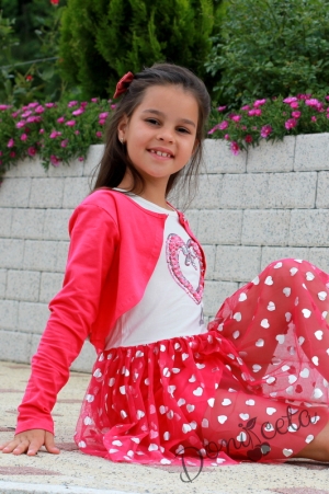 Детска рокля в бяло със сърце  и тюл в малина с болеро Олга