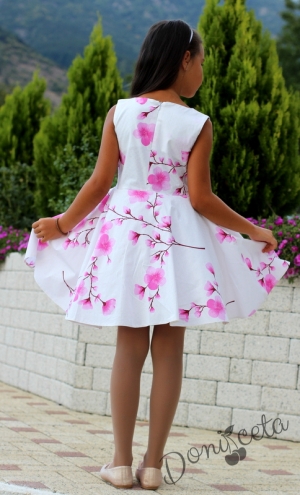 Детска рокля в бяло на нежни розови цветя/орхидеи тип клош Розалинда 2