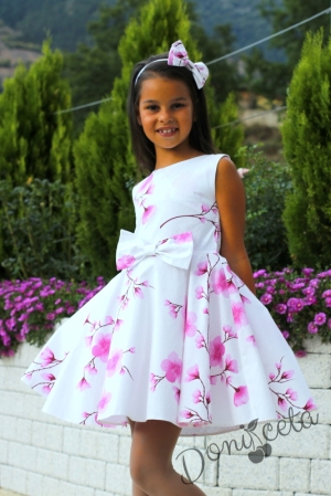 Детска рокля в бяло на нежни розови цветя/орхидеи тип клош Розалинда 4
