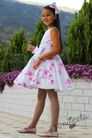 Детска рокля в бяло на нежни розови цветя/орхидеи тип клош Розалинда 6