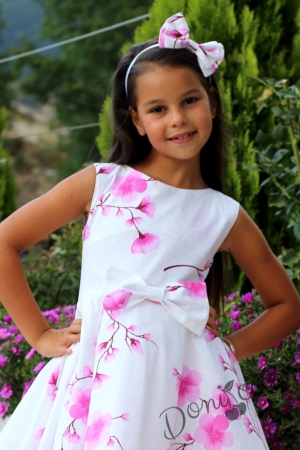 Детска рокля в бяло на нежни розови цветя/орхидеи тип клош Розалинда 7