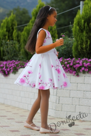 Детска рокля в бяло на нежни розови цветя/орхидеи тип клош Розалинда 13