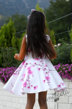 Детска рокля в бяло на нежни розови цветя/орхидеи тип клош Розалинда 14