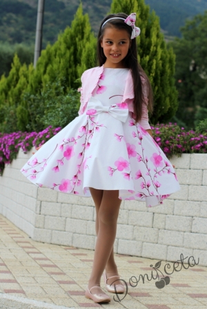 Детска рокля в бяло на нежни розови цветя тип клош Розалинда с болеро в розово 1