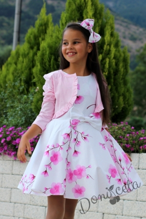 Детска рокля в бяло на нежни розови цветя тип клош Розалинда с болеро в розово 2