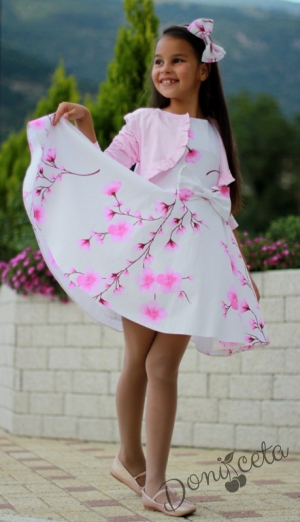 Детска рокля в бяло на нежни розови цветя тип клош Розалинда с болеро в розово 8