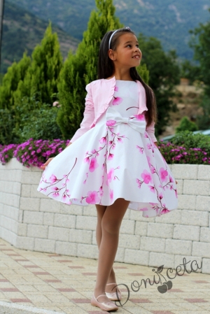 Детска рокля в бяло на нежни розови цветя тип клош Розалинда с болеро в розово 11