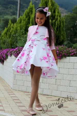Детска рокля в бяло на нежни розови цветя тип клош Розалинда с болеро в розово 12