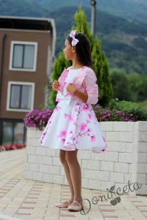 Детска рокля в бяло на нежни розови цветя тип клош Розалинда с болеро в розово 13