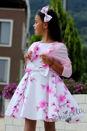 Детска рокля в бяло на нежни розови цветя тип клош Розалинда с болеро в розово 14