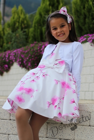 Детска рокля в бяло на нежни розови цветя тип клош Розалинда с болеро в бяло 5
