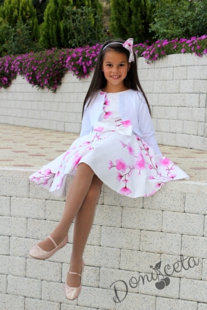 Детска рокля в бяло на нежни розови цветя тип клош Розалинда с болеро в бяло 6