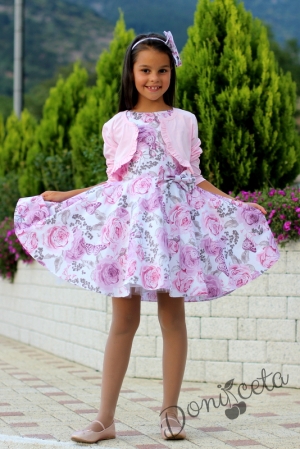 Детска рокля в бяло на нежни розови и пепел от рози цветя тип клош Клара с болеро в розово 1