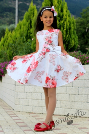 Комплект от детска рокля в бяло с цветя в червено тип клош с болеро в червено Христин  1