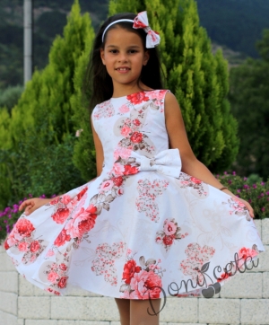 Комплект от детска рокля в бяло с цветя в червено тип клош с болеро в червено Христин  2