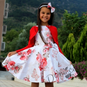 Комплект от детска рокля в бяло с цветя в червено тип клош с болеро в червено Христин  3
